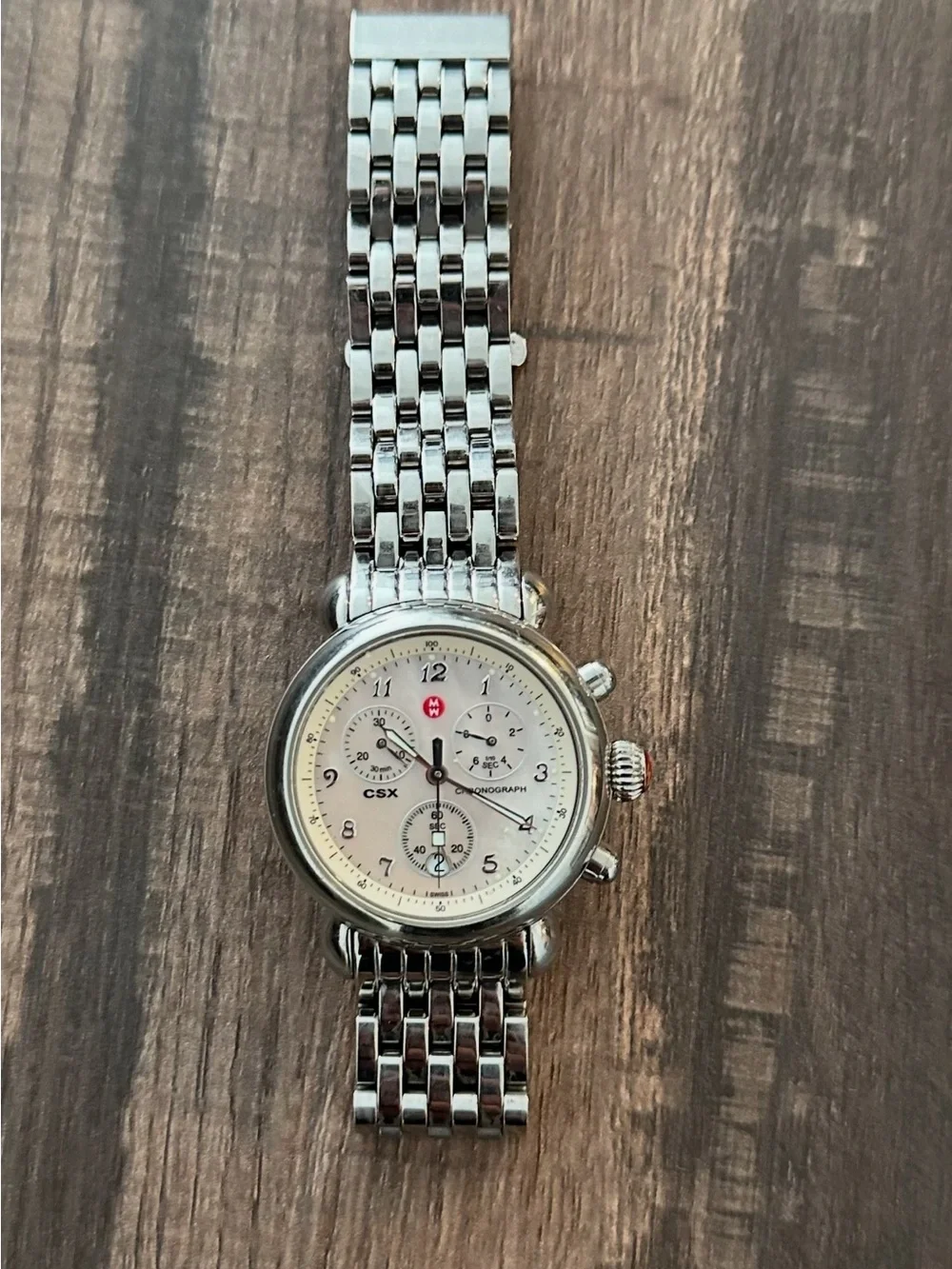 Michele CSX Stainless Steel Chronograph Watch - White Dial with Red Logo